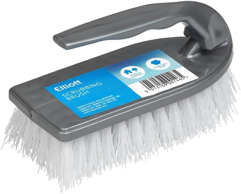 Iron Shaped Scrubbing Brush with Curved Grip Handle, Durable hard synthetic plastic fibres, Ergonomic shape ideal for deep cleaning, BPA free in a Silver colour
