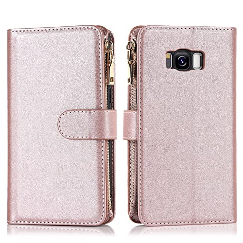 Jaorty Samsung Galaxy S8 Wallet Case,[9 Card Slots] Removable Adjustable Crossbody Necklace Lanyard Shoulder Strap Zipper Magnetic Leather Case For Samsung Galaxy S8,5.8 Inch Rosegold #TOP6