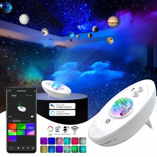 Starship Galaxy CFL Night Light Projector Lamp with 220 Volts Bluetooth Speaker Corded Electric Music Sync App Control Projector 8 White Noise Moon Lighting & 9 Planets starship Projector
