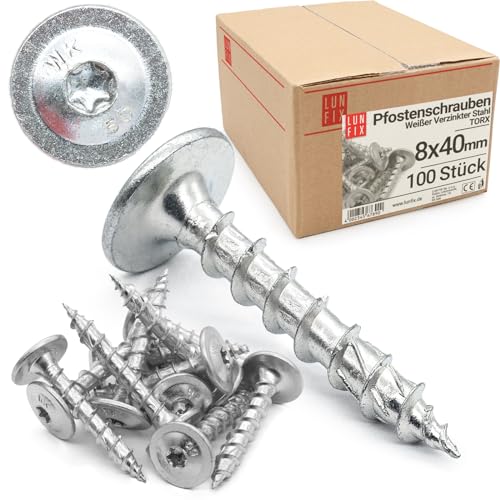 Lun Fix Pfostenschrauben 8,0 x 40mm - 100 Stück - T40 - Pfostenverbinderschraube - Korrisionsschutz – Torx-Pilzkopfschrauben – Weißer Verzinkter Stahl - Ankerschrauben für Pfostenträger Lun Fix Pfostenschrauben 8,0 x 40mm - 100 Stück - T40 - Pfostenverbinderschraube - Korrisionsschutz – Torx-Pilzkopfschrauben – Weißer Verzinkter Stahl - Ankerschrauben für Pfostenträger