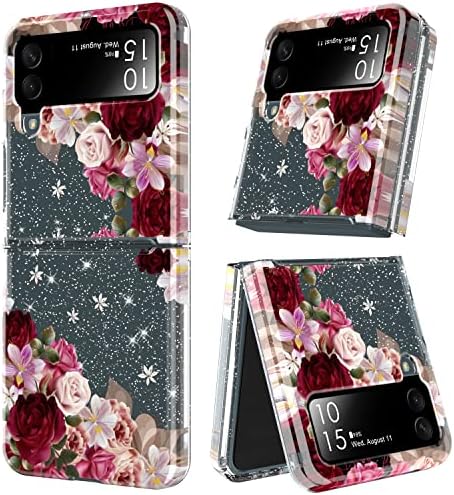 KJSK for Samsung Galaxy Z Flip 4 5G Case - Women Flowers Clear Hybrid Soft TPU Bumper + Solid PC Protective Cover Cell Phone Case Sparkling Shockproof Drop Resistant Phone Cover for Z Flip 4 5G 2022