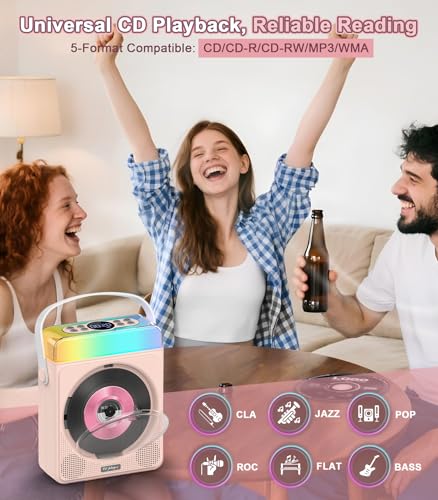 Image of Greadio Portable Bluetooth CD Player with 2 Karaoke Microphones & Lights | 4000mAh Rechargeable, Kids Karaoke Machine for Home, Outdoor, Parties, Simple Controls, Remote, CD /USB /TF /AUX Playback (Pink