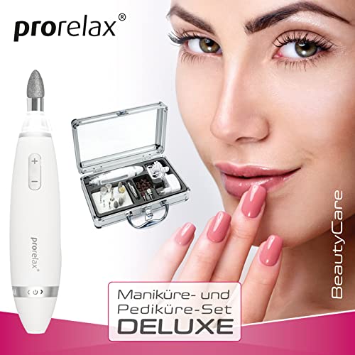 prorelax Maniküre- / Pediküre-Set DELUXE | Für Damen und Herren | Professionelle Hand- und Fußpflege für Zuhause und unterwegs | 15 hochwertige Aufsätze aus chirurgischem Stahl | Mit LED-Licht