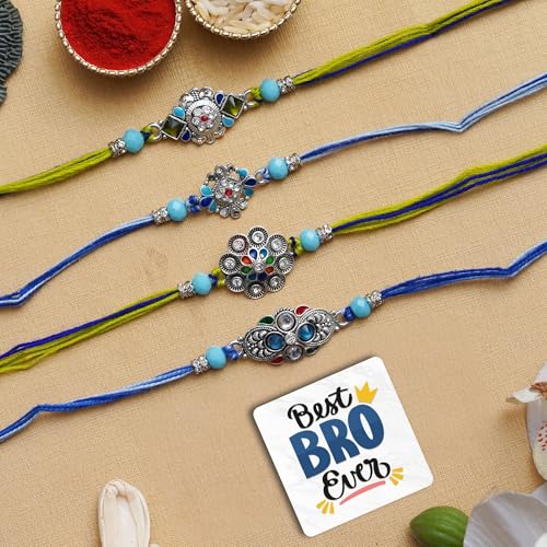 Image of eCraftIndia Set of 4 Multicolor Kundan Floral Designer Rakhis, Best Bro Ever Fridge Magnet with Roli Chawal Pack - Rakhis for Brother, Bhabhi, Kids