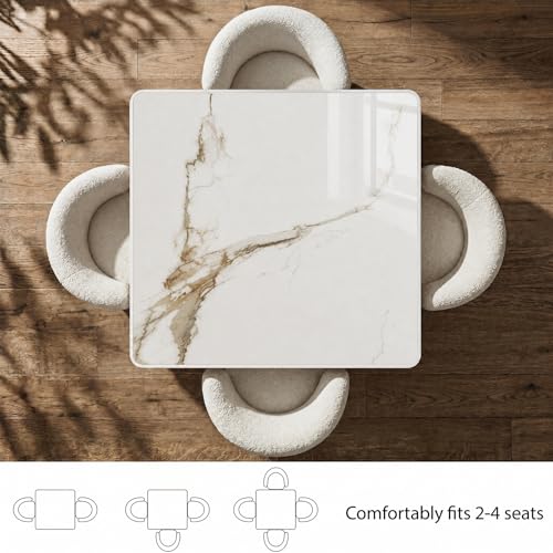 Image of 63 inch Square Dining Table,Tulip Table with 1.2 inch Thick Sintered Stone Tabletop and Golden Metal Pedestal Base,Small Square Dining Tables for Diner,Restaurant,kitchen,Bakery,Apartment(Marble White Gold)