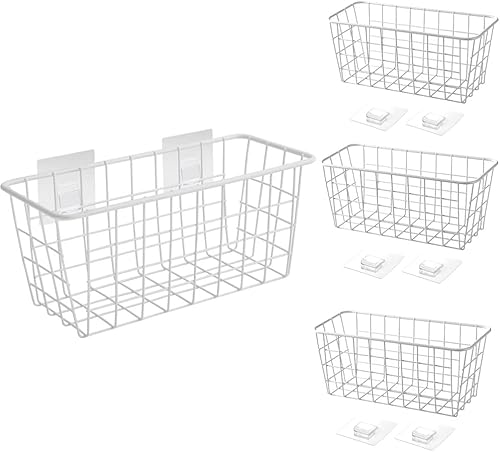 Vista 25 de Juego de 2 cestas colgantes de pared para colgar sobre la puerta del gabinete, cestas de alambre para organizar, cesta de almacenamiento de pared