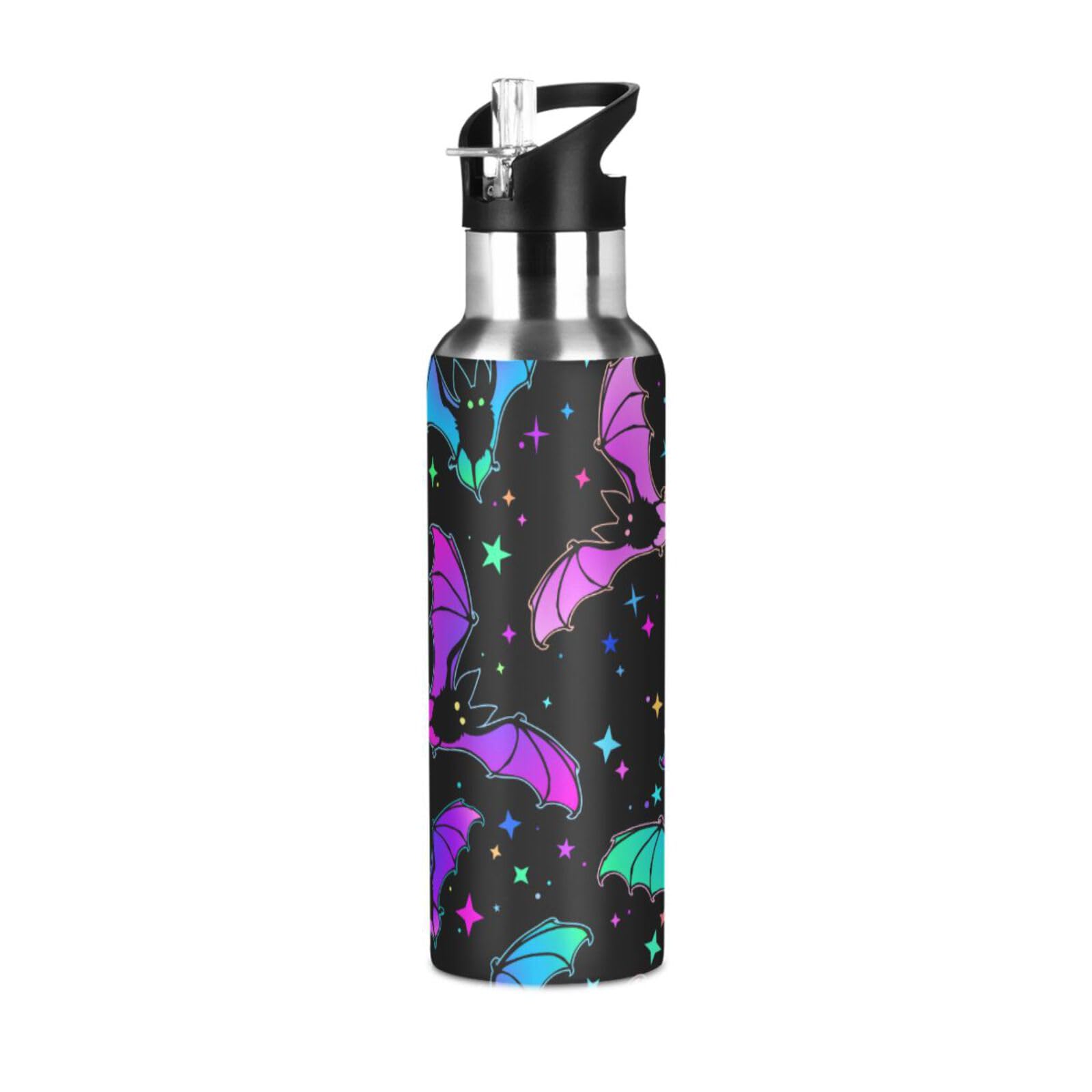 20 Oz Water Bottle with Straw Halloween Luminous Bats Stars Stainless Steel Water Bottle for Traveling Sports Leakproof Insulated Water Bottle โ image 1
