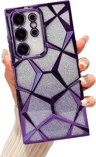 Image of VONZEE Gradient Glitter Case for Samsung S25 Ultra, Luxury Electroplated 3D Cube, Diamond Bling Shiny Soft TPU Clear Shockproof Women Girls Protective Phone Cover (Deep Purple)