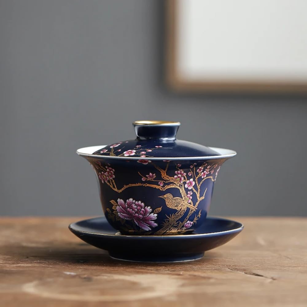 Gaiwan en céramique à motif floral peint à la main, l'élégance du thé