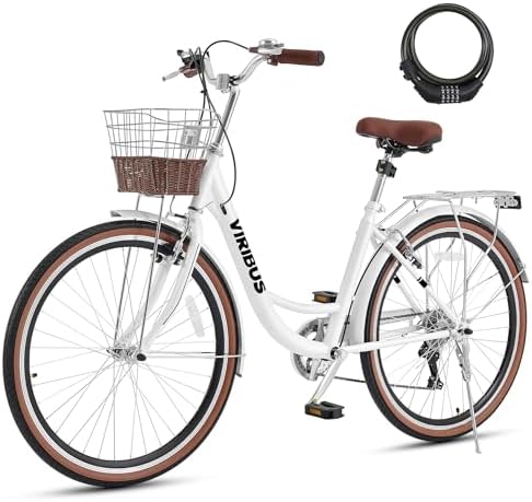 Viribus Womens Bike, 7 Speed Bike for Adults Women 24 inch with Ratten Basket & Rack, Beach Cruiser Bike for Women, Womens Bicycle for Commuting, Step Through City Bikes for Women Ladies