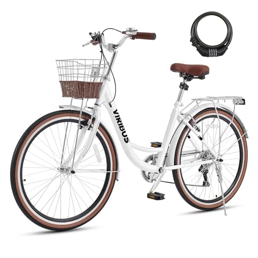 VIRIBUS Womens Bike, 7 Speed Beach Cruiser Bike for Women, Step Through Bicycle 26" with Basket and Rack for City Commuter, Bicycle for Female Ladies Seniors 330 lb.