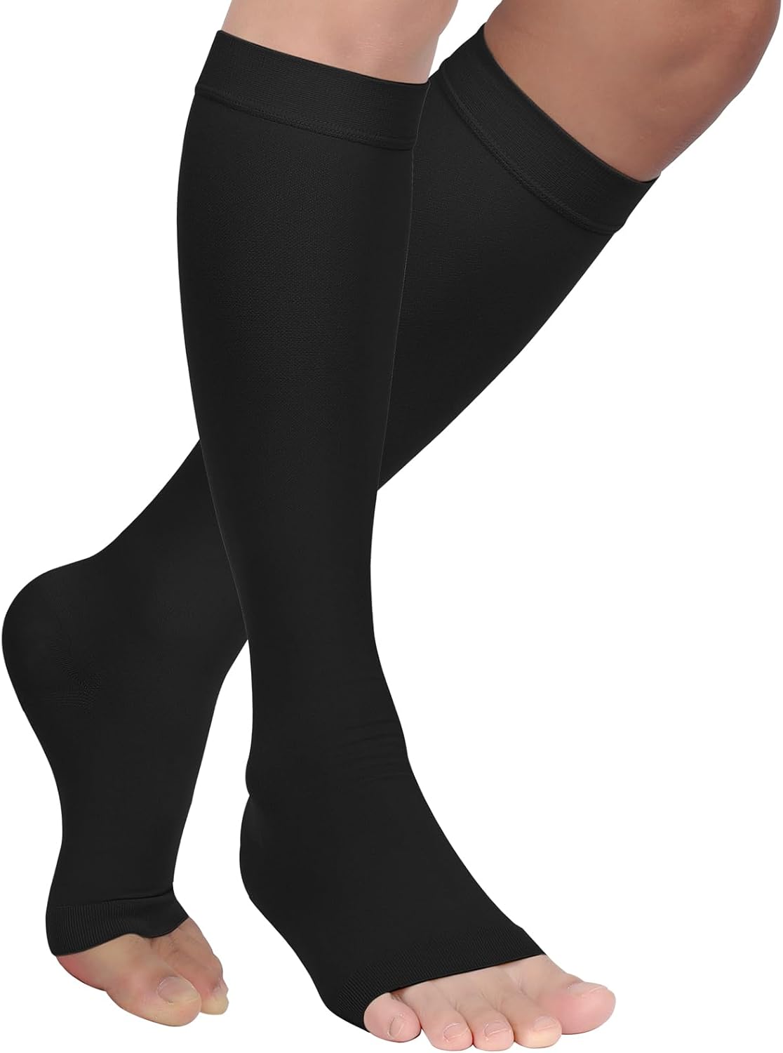 MGANG® 20-30 mmHg Compression Stockings for Men and Women, 2 Pairs Medical Compression Socks, Knee High Length, Open Toe, Opaque, Support Hose for Varicose Veins, Oedema, Swelling, Black X-Large - Image 6