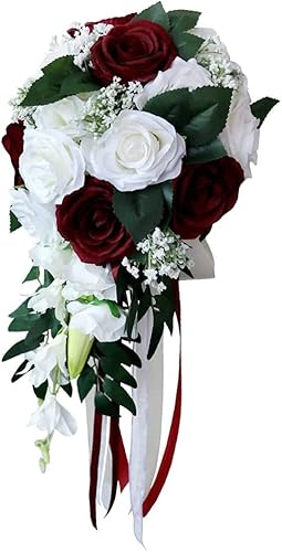 Miniatura 3 de Ramo de rosas artificiales para boda, hogar, vacaciones, fiesta, suministros - blanco + rojo vino