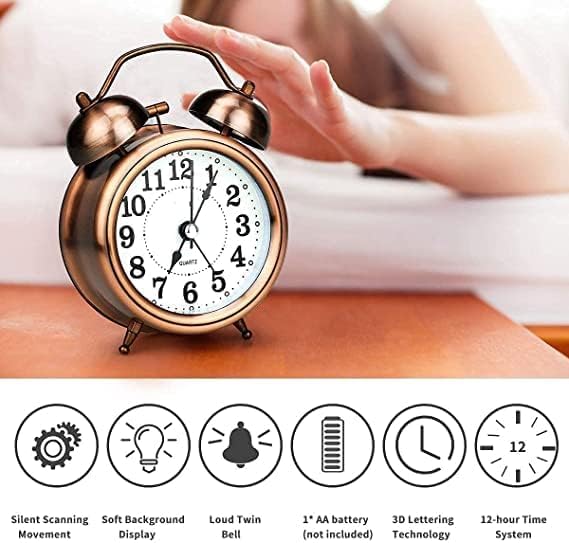 Image of Classic Twin Bell Analog Alarm Clock - Retro Metal Table Clock with Night Light & Loud Ringer - Ideal for Bedroom, Office, or Study (Copper)