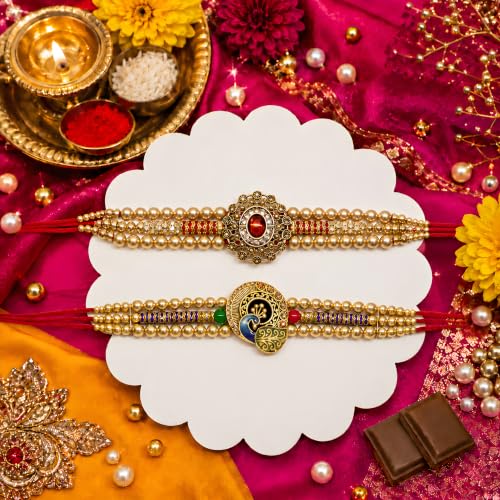 Image of Canton Rakhi Hamper for brother | Rakhis For Rakshabandhan | Set of 2 Rakhi For Brother | Rakhi With Chocolate Gift For Brother | Premium Rakhi With Roli, Tilak & Greeting Card (Design-3)