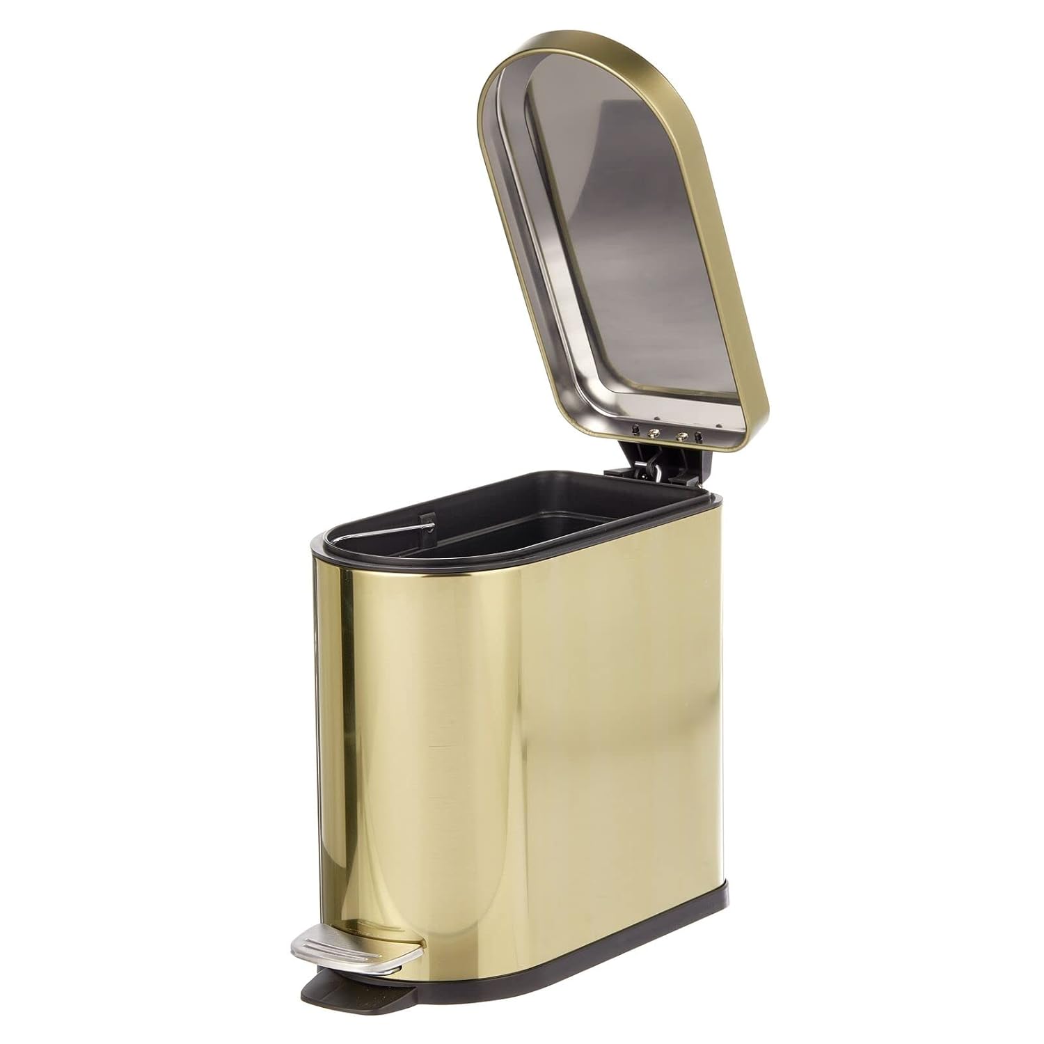 mDesign Small 1.3 Gallon Stainless Steel Metal Step Trash Can Garbage Bin for Bathroom, Bedroom, Home Office, D-Shape Trashcan with Foot Pedal and Lid, Removable Liner Bucket with Handles, Soft Brass