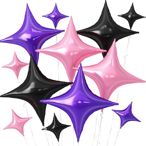 Image of Black Purple Star Balloons,12Pcs Four Angle Star Foil Balloons