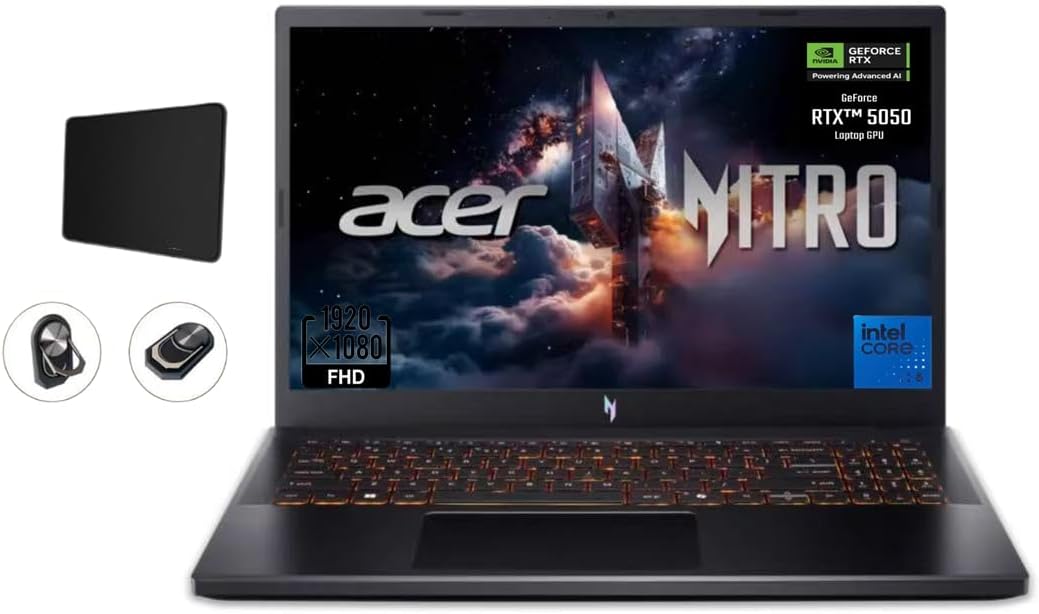 acer Nitro V Gaming Laptop, 15.6" FHD IPS Display, 165Hz, Intel i5-13420H, NVIDIA GeForce RTX 5050 with 8GB GDDR7 VRAM, 16GB RAM, 1TB SSD, BK, Win11H, Obsidian Black, TWE Accessories
