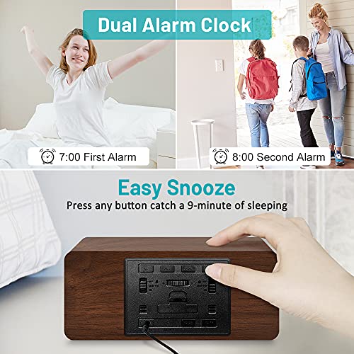 Andoolex Wooden Digital Alarm Clock With Wireless Charging, 0-100% Adjustable Brightness Dimmer And Alarm Volume, Weekday /Weekend Mode, Dual Alarm, Snooze, 12/24H, Wood Led Clock For Bedroom (Brown) #TOP4