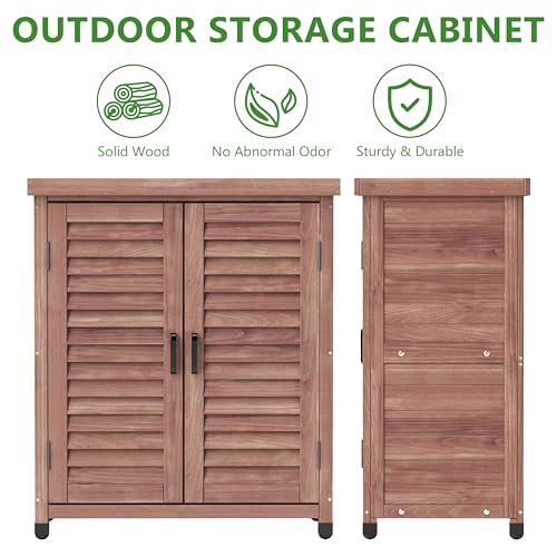 Outdoor Storage Cabinet & Potting Bench Table with Metal Top, Wooden Patio Furniture, Garden Workstation (Dark Brown, 36x31x17in)