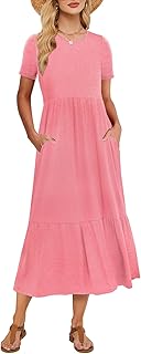 Women's Summer Maxi Dress 2025 Casual Short Sleeve Crewneck Flowy Swing Tiered Long Beach Dresses with Pockets