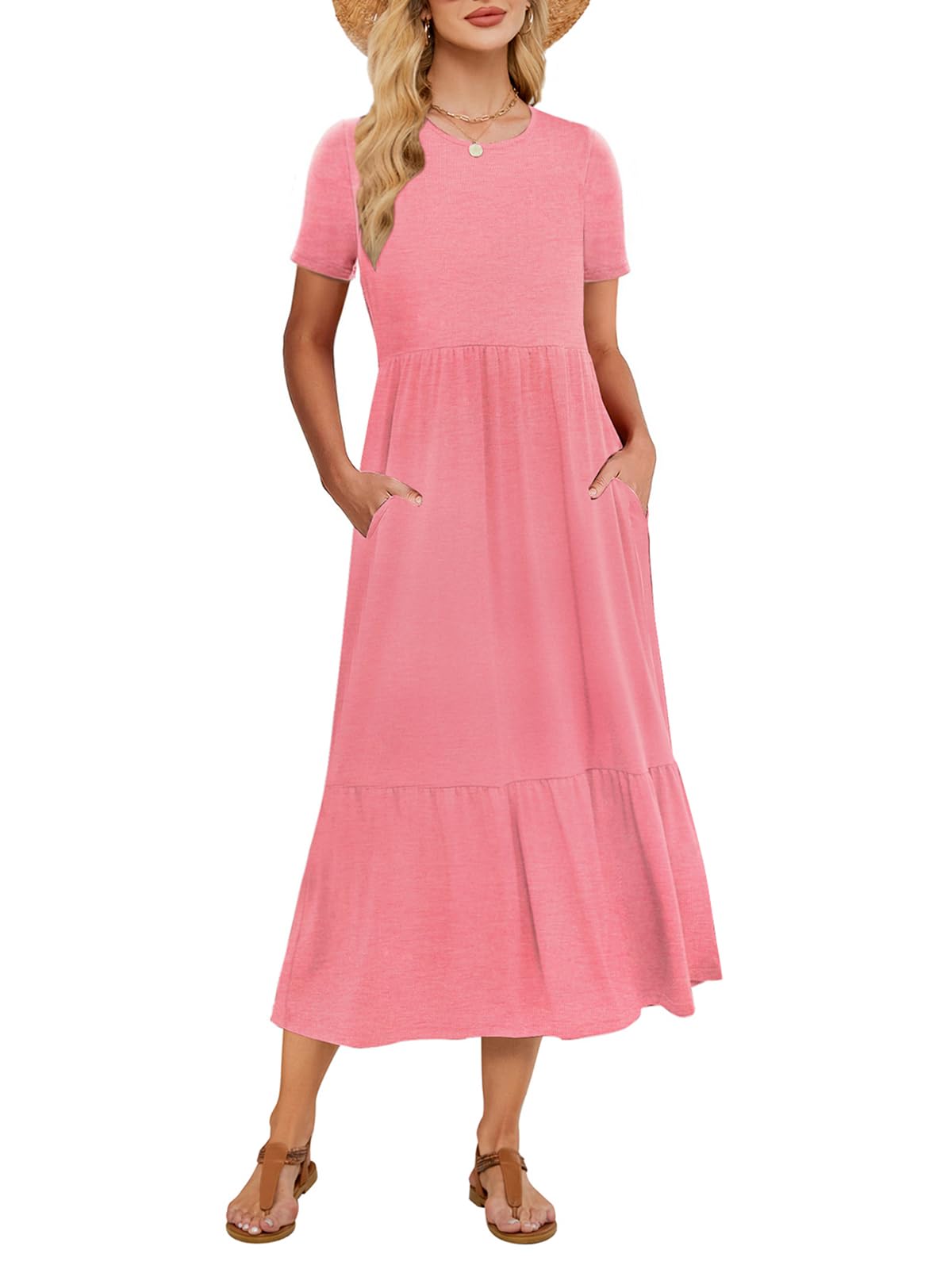 Gracyoga Women's Summer Maxi Dress 2025 Casual Short Sleeve Crewneck Flowy Swing Tiered Long Beach Dresses with Pockets