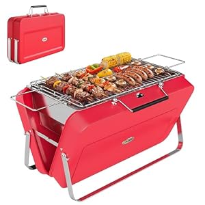 Outsunny Portable Mini Charcoal Barbecue Grill with Suitcase Shell, Outdoor Folding Tabletop BBQ Grill for Garden Camping Picnic Party, Red