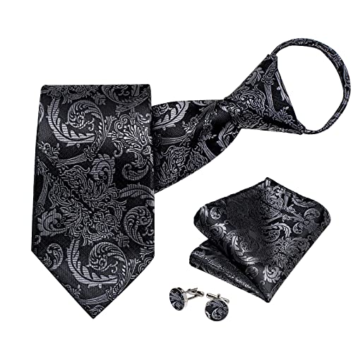 Image of DiBanGu Silk Zipper Ties for Men,Paisley Solid Plaid Pre-tied Tie and Pocket Square Cufflinks Set Formal Adjustable Necktie