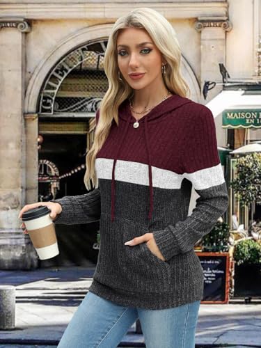 MixShe Women’s Color Block Knit Hoodie – Casual Long Sleeve Pullover Sweater Tops with Pocket