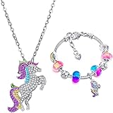 Yaomiao Einhorn funkelndes Kristall Charm Armband Halskette Set mit Grußkarte Geschenkbox für Frauen Damen Weihnachten Geburtstag (14 cm/ 5,5 Zoll)