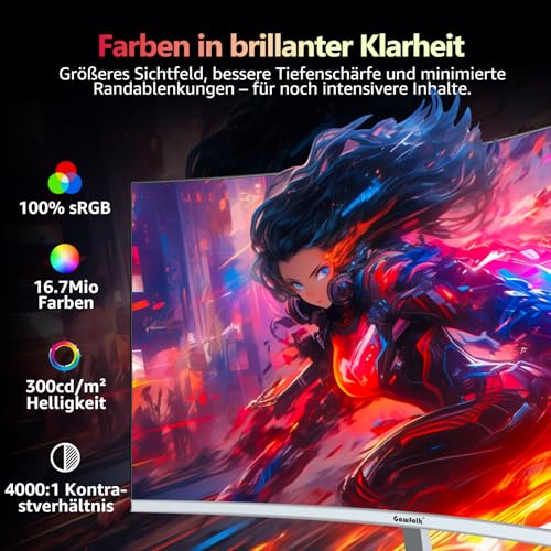 Gawfolk 27 Zoll Curved Gaming Monitor 200Hz, PC Bildschirm mit Lautsprecher – Ansicht 2