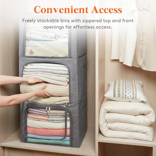 Image of Lifewit Clothes Storage Bins with Metal Frame, Stackable Storage Box, Foldable Clothing Storage Bins with Lids, 75L Storage Bags Fabric Box Organizer with Clear Window& Zippers& Sturdy Handles 4 Pack