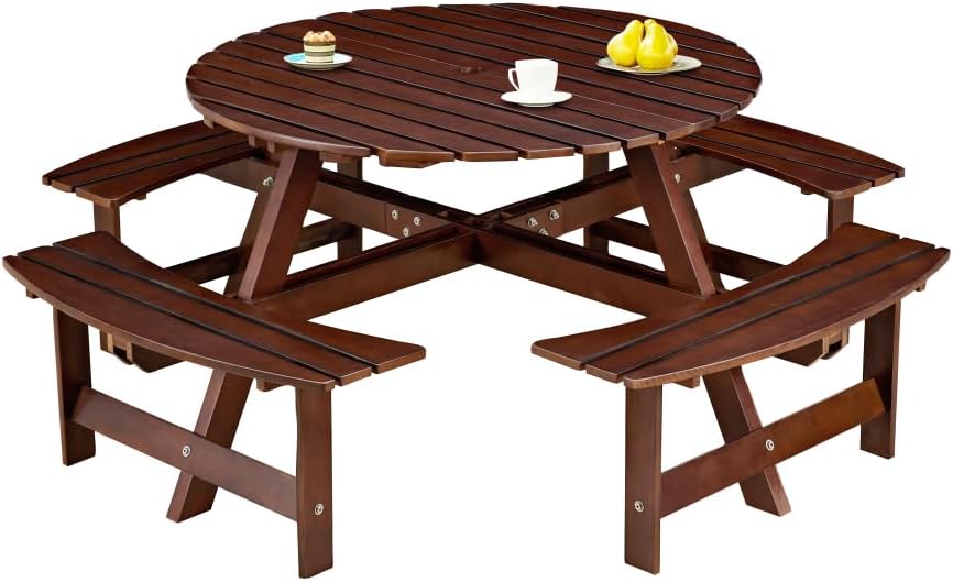 Outdoor 8 Person Picnic Table, 8 Person Round Picnic Table with 4 Built-in Benches, Umbrella Hole, Outside Bench Set for Garden, Backyard, Porch, Patio, Brown