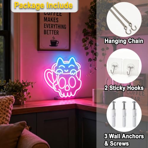 Image of Skeleton Cat Neon Sign for Wall Decor Skull Light Up Sign Hallowmas Led Signs for Room Party Home Wall Decor USB Powered