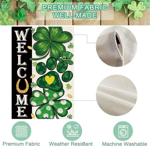 Drapeau de jardin double face résistant aux intempéries avec trèfle vert de bienvenue