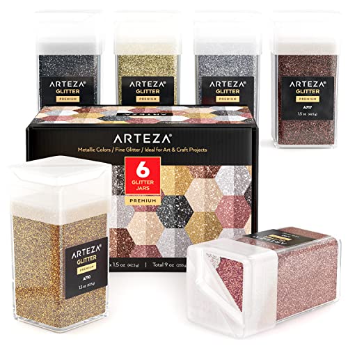 Arteza Fine Glitter, Set of 6, Metallic Glitter for Resin in 1.5-oz Bottles, Arts and Crafts Supplies for Art Class, After-School Programs, and Holiday Craft Projects