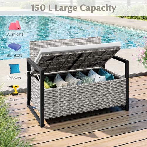 SFAREST 117cm Garden Storage Bench, 2 Person PE Rattan Deck Storage Box with Padded Cushion and Protective Liner, Outdoor Metal Frame Wicker Loveseat Park Chair Seat for Balcony Poolside (Mix Grey) - Image 4