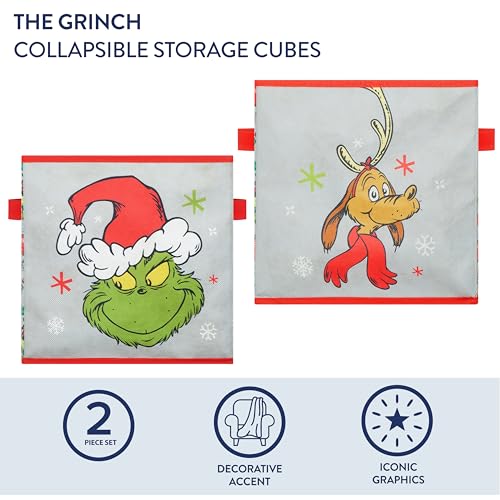 Image of Idea Nuova Storage Cubes for Kids,2 Pack Collapsible Fabric Bins with Handles, Holiday Organizer Boxes for Bedroom, Playroom & Nursery, Festive Christmas Storage Baskets,Grinch Dr. Seuss