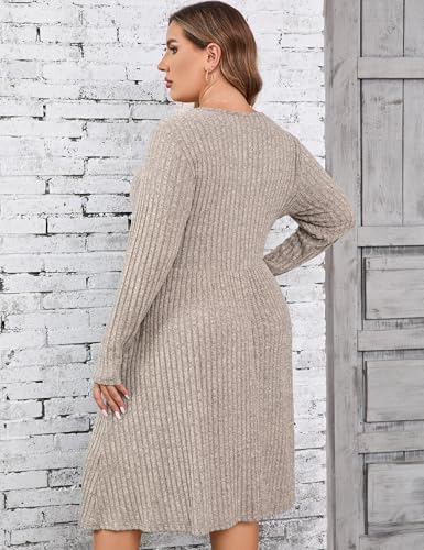 Image of Women's Plus Size Casual Sweater Dress Square Neck Long Lantern Sleeve Tie Waist Loose Pullover Sweater Dresses