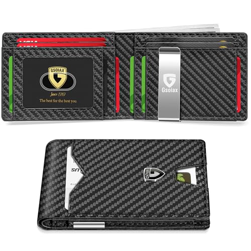 GSOIAX Mens Slim Wallet for Men Minimalist Genuine Leather Carbon Fiber Rfid Blocking Bifold Credit Card Holder With Gift Box (Carbon-money clip)