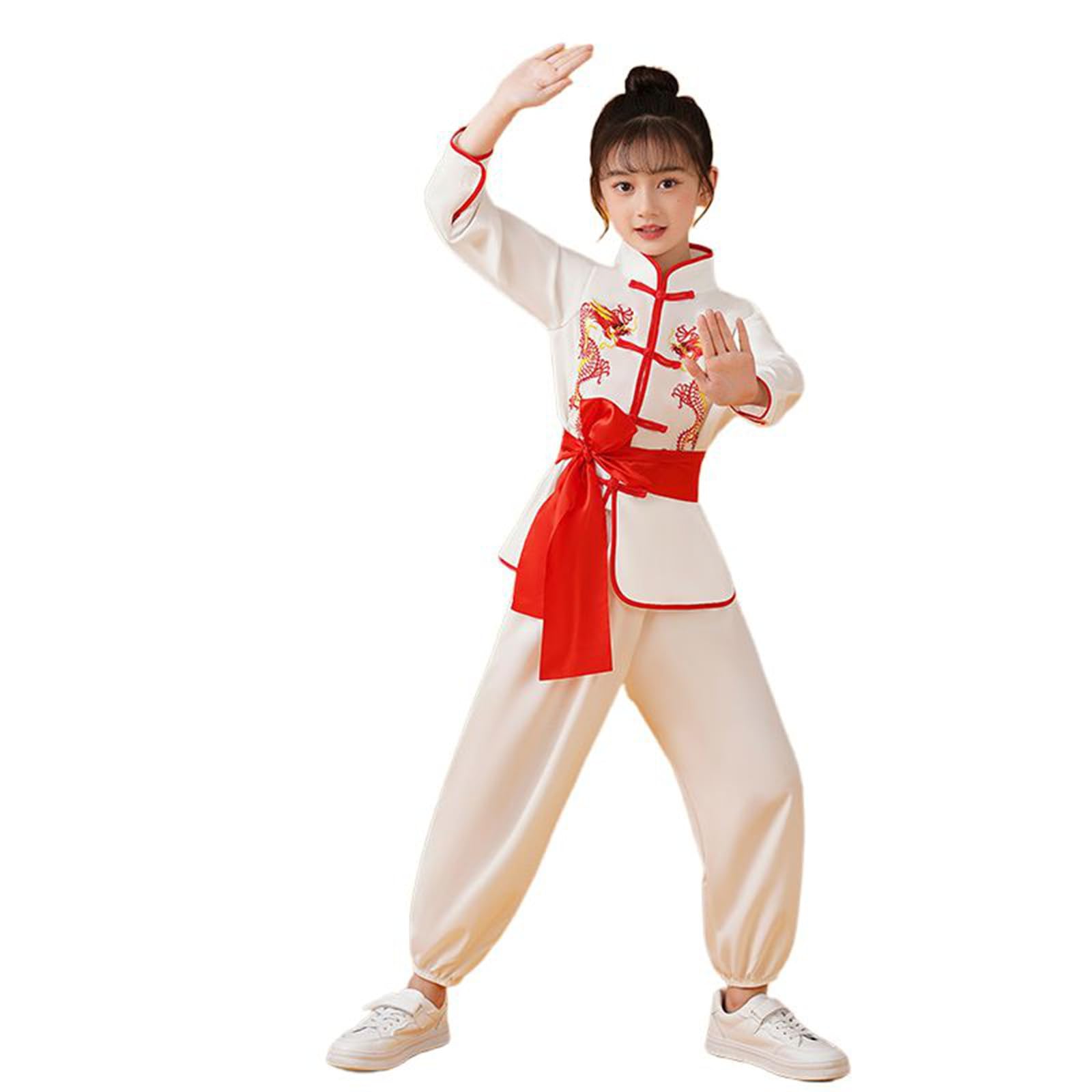 Boys Girls Chinese Suit Training Uniforms Traditional Arts Wing Chun Outfits Halloween Costume Children 86, White, 17-18 Jahre