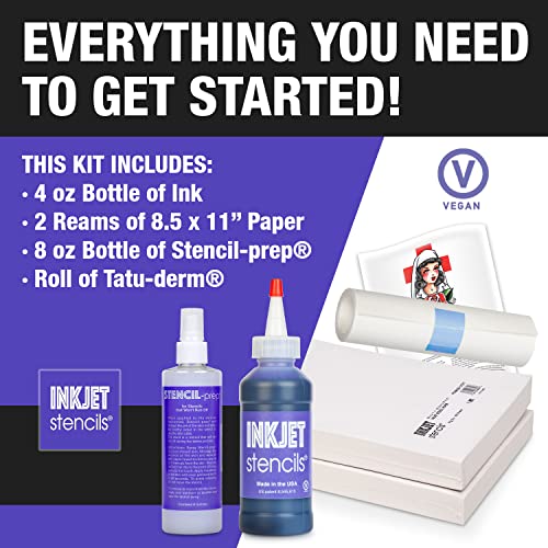 Inkjet Stencils® Starter Kit - Complete Tattoo Stencil System With Inkjet Stencils® Ink, 8.X11" Stencil Printing Paper 1000Ct, Stencil-Prep® Spray For Better Stencil Transfer & Tatu-Derm® Roll #TOP4