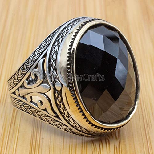 Black Onyx Silver Ring, Silver Ottoman Ring, Two Tone Ring, Genuine Black Onyx Mens Ring, Mens Ring, Fleur De Sel Symbol Ring, Signet Silver Ring, 925 Sterling Silver Ring, Cocktail Mens Ring #TOP5