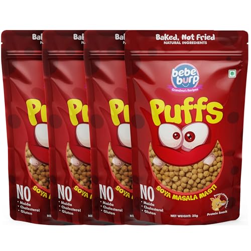 Image of BE'BE' BURP Healthy Puff Snacks | Soya Masala Masti | Baked Puffs, Not Fried, Protein Snacks | No Maida & Gluten-Free | Travel-Friendly | 35gms Each (Pack of 4)