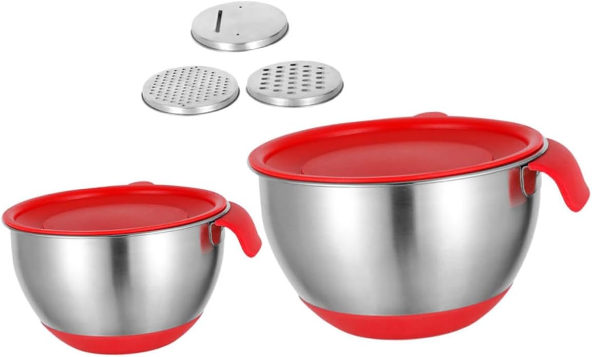Stainless Steel Mixing Bowl with Red Handle Set, 18cm 20cm Diameter, Silicone Non-slip Base, Multi-function Kitchen Salad and Dough Bowl with 2 Lettered Lids and 3 Graters