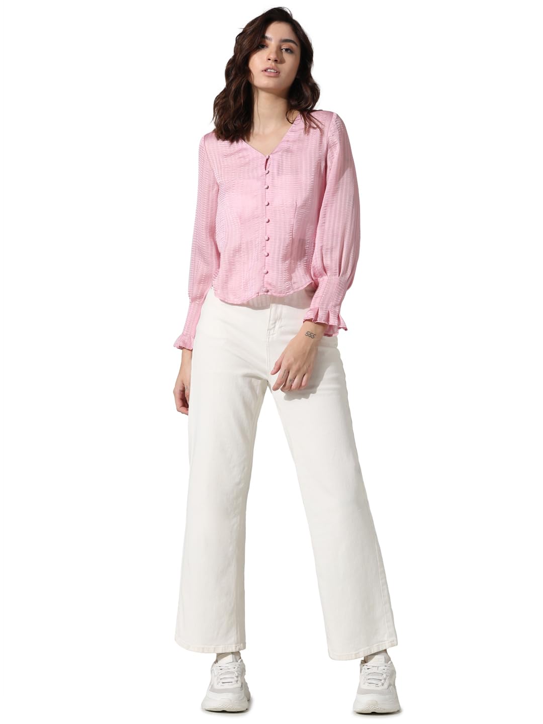 ONLY Women Polyester Regular Self Design V-Neck Puff Sleeves Shirt Style Top - Review, Price and Buying Guide