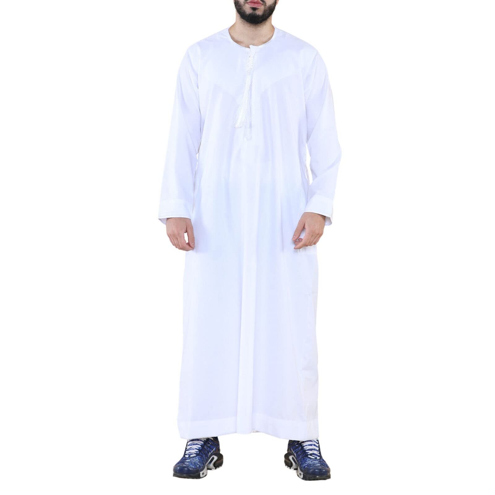 Infinity Leather Mens Thobe Jubba Saudi Islamic Arab Eid Emirati Kaftan Jubbah Tassel Robe White