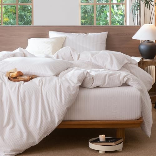 Image of MooMee Striped Duvet Cover Set 100% Washed Cotton Linen Like King | Relaxed Linen-like Texture. Soft, Breathable & Long-lasting Comfort. Lightweight. Hidden Zipper with 8 Interior Corner Ties