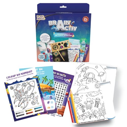 Image of PlayMagic BrainActiv Kaleidoscope Making DIY Kit for Kids 3+| Magical Pattern Creation Kit |2 Kaleidoscopes, Scratch Sheets, 8 Activity Sheets |Educational Birthday Gift for Kids-Sea & Space Adventure