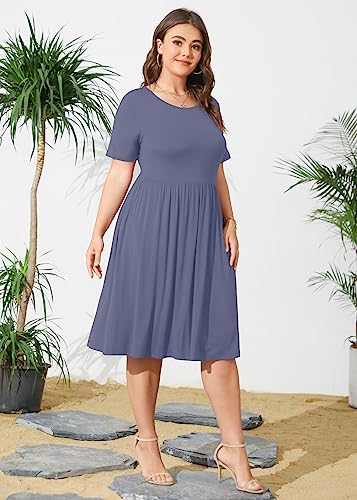 Image of POSESHE Womens Plus Size Summer Dress 2026 Casual Short Sleeve Empire Waist Loose Fit Swing T-Shirt Dress with Pockets